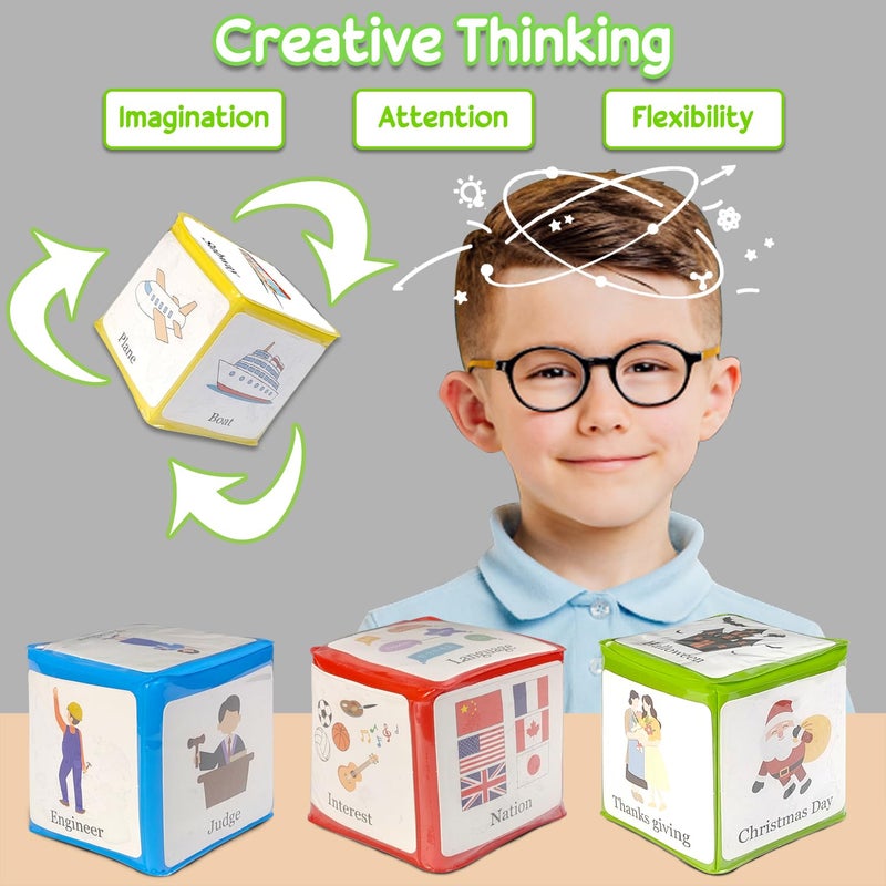 BOHEMIABY 3.9 in Large Education Foam Pocket Dice  Stacking Blocks Squishy Story Cubes  Home Classroom DIY Blank Dice with 24 Theme Cards for Exercise Language Expression Imagination(Colorful 4 Pcs) - Image 2